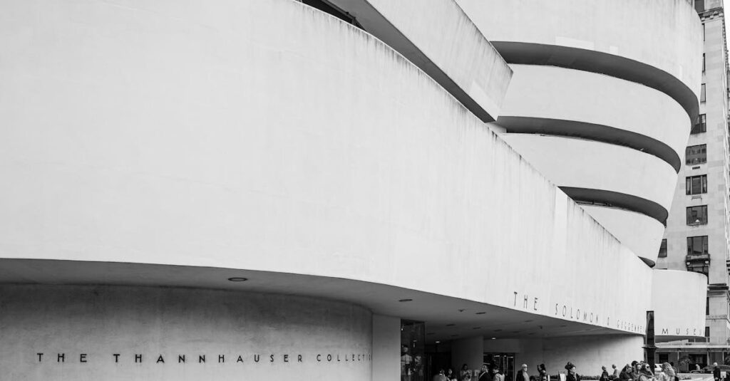 Black and white photo of the Guggenheim Museum's unique spiral architecture in New York City.